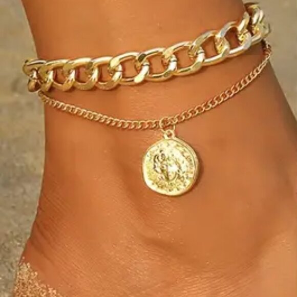 Golden Color Thin Chain Anklet Set Niche Design Alloy Ankle Bracelet Foot - Picture 1 of 2